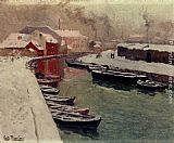 A Snowy Harbor View by Fritz Thaulow